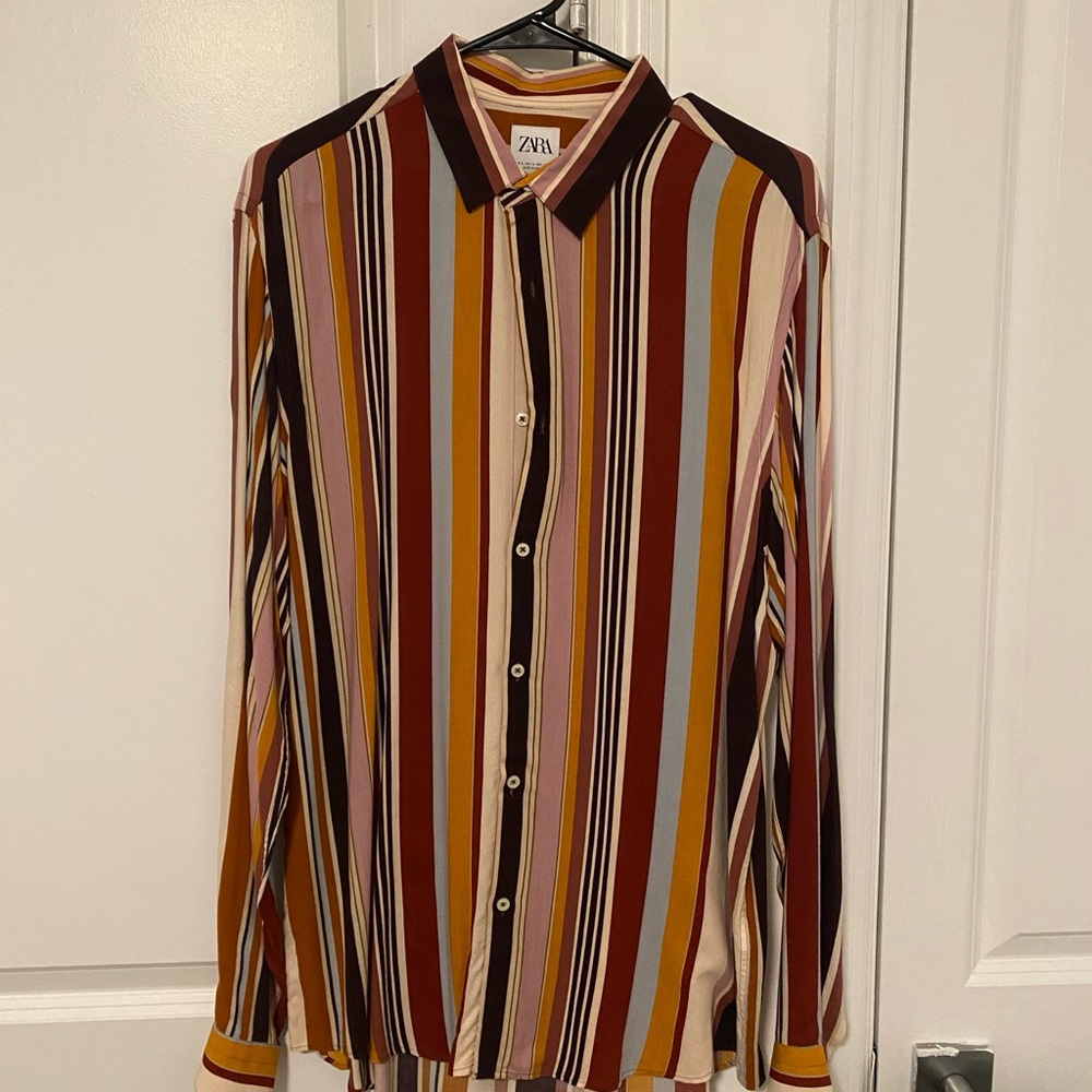 Zara Men’s Striped Button-Down Shirt in Rust, Mustard & Pink